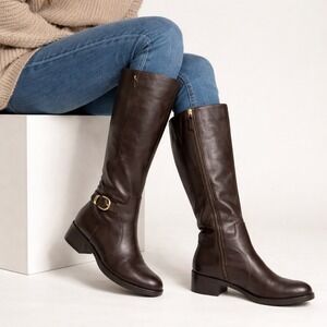 Franco Sarto Cecily Dark Brown Leather Tall Riding Boots Womens 7.5M Buckle Zip